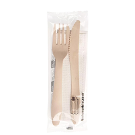 Bis posate con tovagliolo - legno naturale - signor bio - conf. 50 pezzi