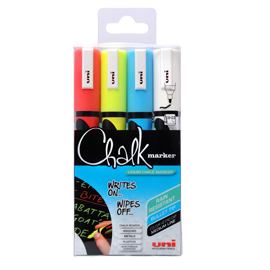 Busta 4 marcatore a gesso liquido uni chalk p.tonda col.assortiti uni