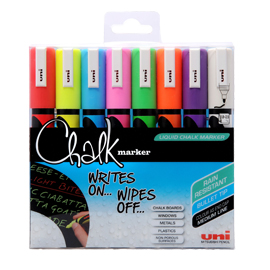 Busta 8 marcatore a gesso liquido uni chalk p.tonda col.assortiti uni