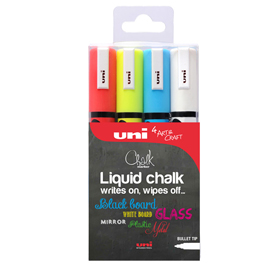 Busta 4 marcatore a gesso liquido uni chalk p.scalpello col.assortiti uni