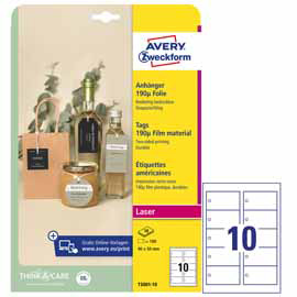 Cartellini stampabili resistenti 190mic 90x50mm 10fg(10cart/fg) bianco avery