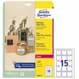 Cartellini stampabili resistenti 190mic 50x50mm 10fg(15cart/fg) bianco avery