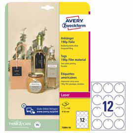 Cartellini stampabili resistenti 190mic d60mm 10fg(12cart/fg) bianco avery