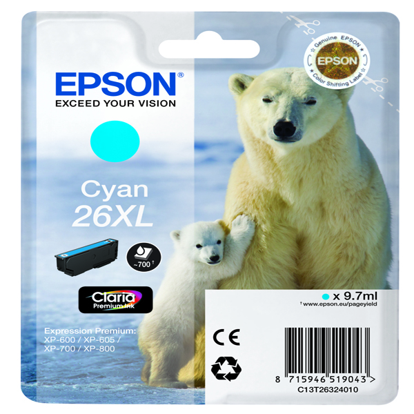 Cartuccia ciano epson claria premium, serie 26xl/orso polare, in blister
