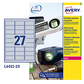 Etichette adesive l6011 - in poliestere - laser - permanenti - 63,5 x 29,6 mm - 27 et/fg - 8 fogli - argento - avery