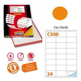 Etichetta adesiva c/500 arancio fluo 100fg a4 70x36mm (24et/fg) markin