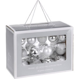 Set 26 sfere vetro 10 x 50 mm, 8 x 56 mm, 8 x 65 mm color argento koopman