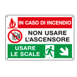 Targhetta adesiva multisimbolo - 30x20 cm - in caso di incendio…discesa dx - cartelli segnalatori